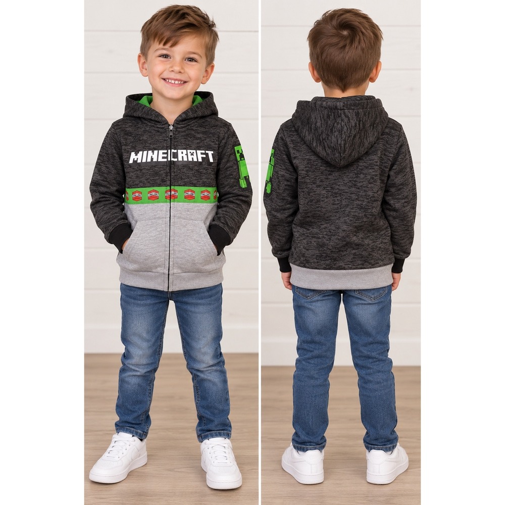 Minecraft Zip Hoodie Kids 5/6 Grey NWT Creeper TNT Graphic Gamer Jacket